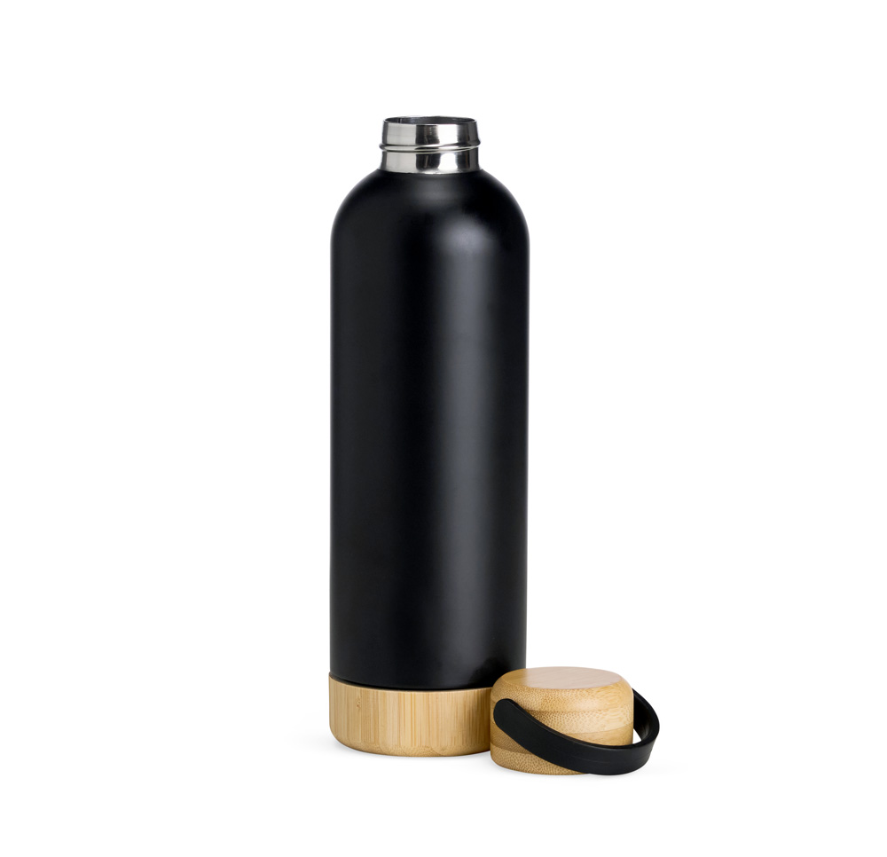 Garrafa Parede Dupla Com Detalhes Em Bambu - Preta - 500 Ml - Imagem 3