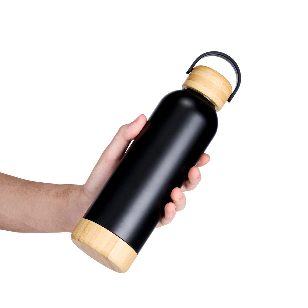 Garrafa Parede Dupla Com Detalhes Em Bambu - Preta - 500 Ml - Imagem 4