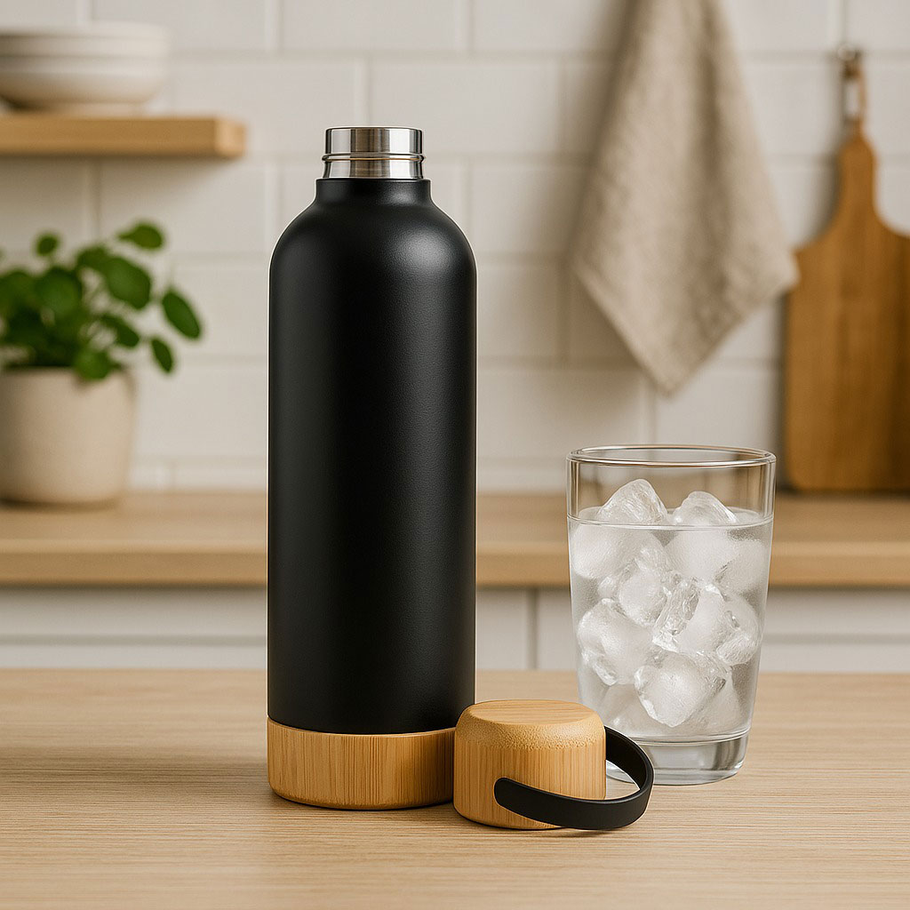 Garrafa Parede Dupla Com Detalhes Em Bambu - Preta - 500 Ml - Imagem 5